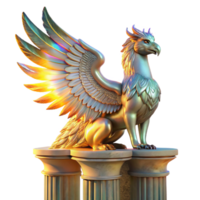 A majestic griffin with iridescent feathers, perched atop a crumbling marble pillar, bathed in the golden light of a setting sun. Intricate details on the feathers and pillar, Art Nouveau style png