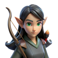 A graceful elf with pointed ears and long, flowing black hair, wielding a bow and arrow made of polished wood. The elf's eyes glow with an inner light. Fantasy art style, soft lighting png