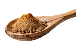 Wooden Spoon Filled with Turmeric Powder and Whole Coriander Seeds Isolated on White Background png