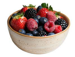 Fresh Mixed Berries in a Rustic Bowl with Strawberries, Blueberries, Raspberries, and Blackberries on a White Background png