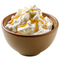 Fresh cottage cheese topped with golden honey drizzle in a rustic bowl on a white background for healthy eating ideas png