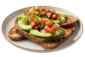 Fresh Avocado Toast with Tomato and Cilantro on Whole Grain Bread Served on a Rustic Plate png