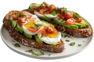 Delicious Avocado Toast with Poached Eggs and Fresh Vegetables on a Rustic Plate png