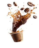 Dynamic Splash of Coffee with Caffeine Beans in Motion Captured on a Dark Background png