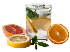 Refreshing Citrus Drink with Mint and Ice Garnished with Lemon, Orange, and Grapefruit Slices on White Background png