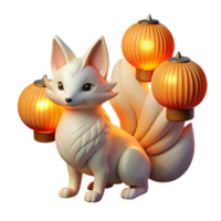 beautiful traditional A cunning Kitsune, with nine flowing tails, illuminated by the soft glow of paper lanterns. Art style Japanese Woodblock Print exclusive png
