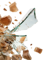 Shattered glass pieces exploding dramatically in motion with reflective surfaces and jagged edges on a black backdrop png