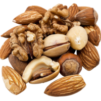 Assortment of Nuts Including Almonds, Walnuts, Pistachios, Hazelnuts and More on a White Background Perfect for Healthy Snacking png