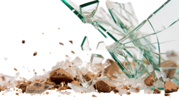 Broken glass scattering on ground with sharp shards and debris in a chaotic arrangement on a dark background png