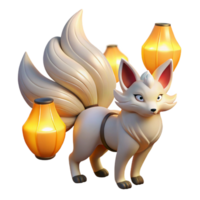 impressionante tradicional uma destreza kitsune, com nove fluindo caudas, iluminado de a suave brilho do papel lanternas. arte estilo japonês bloco de madeira impressão exclusivo png