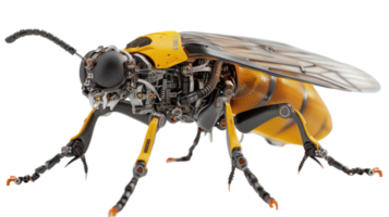 Detailed Close-Up of a Futuristic Mechanical Bee with Intricate Internal Components and Vibrant Yellow Exoskeleton png