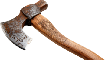 Rustic Handcrafted Ax with Intricate Designs on Wooden Handle and Weathered Steel Blade for Camping and Logging Activities png