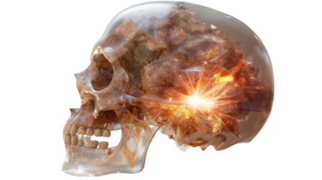 Abstract Human Skull with Crystal Texture and Bright Light Burst, Artistic Representation of Inner Thoughts and Ideas png