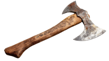 Ornate double-bladed axe with wooden handle featuring intricate engravings and vintage design, isolated on white background png