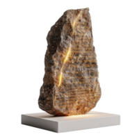 Illuminated Ancient Rock Sculpture with Intricate Surface Patterns and Warm Lighting on Display png