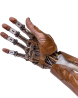 Robotic prosthetic hand with intricate mechanics and realistic texture, showcasing advanced technology and design elements png