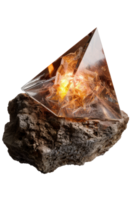 Captivating Crystalline Pyramid on a Rough Stone Base Illuminated with Radiant Energy and Intricate Patterns png