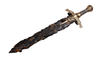 Elaborate sword with intricate design and unique blade texture set against a plain background, suitable for fantasy themes png