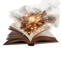 Magical open book with glowing light particles and sparkles against a dark background for creative purposes png