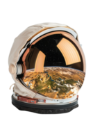 Astronaut helmet reflecting beautiful view of Earth surface with golden deserts and blue oceans in the cosmos png