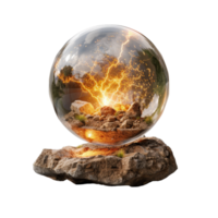 Glowing Glass Sphere with Lightning Inside, Capturing Nature's Power with Rocks and Grass on a Dark Background png