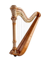 Elegant wooden harp with intricate details and golden strings, isolated on a white background for artistic compositions png