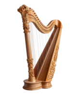 Elegant wooden harp with intricate carvings showcasing craftsmanship and creativity in classical music instrument design png
