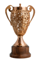 Elegant ornate trophy with intricate design and a polished finish on a wooden base suitable for awards or recognition events png