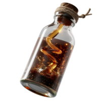 Transparent glass bottle with golden liquid swirling inside and splashes, isolated on white background png