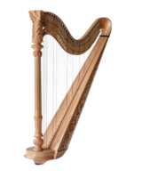 Elegant wooden harp with intricate design, displaying artistry and craftsmanship, ideal for music and instrument themes png