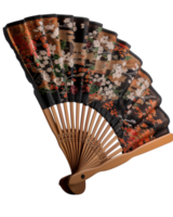 Elaborate Japanese Folding Fan with Colorful Floral Design and Intricate Detailing on a Black Background png