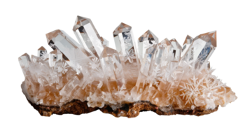 Stunning Clear Quartz Crystal Cluster with Unique Snowflake Patterns and Shimmering Facets on a Brown Base png