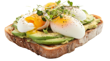 Delicious avocado toast topped with poached eggs and microgreens, perfect for a healthy breakfast or brunch option png