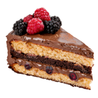 Decadent Chocolate Layer Cake Slice with Fresh Berries on Top and Smooth Chocolate Frosting, Isolated on White Background png
