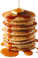 Tall Stack of Fluffy Pancakes Drizzled with Golden Syrup and Topped with Butter Isolating on White Background png
