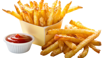 Crispy Golden French Fries with Ketchup Sauce in Takeout Box and Bowl on White Background png