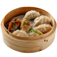 Steaming Bamboo Basket with Assorted Dumplings Including Pork, Vegetable, and Scallion Varieties Ready to Enjoy png