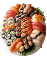 Exquisite Assortment of Fresh Sushi and Sashimi on a Platter with Vibrant Colors and Varied Textures for Culinary Delight png