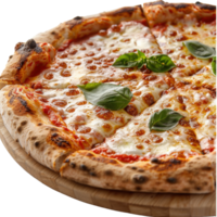 Freshly Baked Margherita Pizza with Mozzarella Cheese and Basil Leaves on Wooden Serving Board png