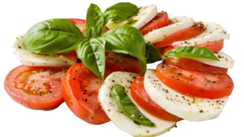Fresh Tomato and Mozzarella Salad with Basil and Olive Oil Garnished with Spices on a White Background png