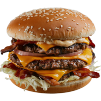 Delicious Triple Layer Burger with Cheese, Bacon, Fresh Lettuce, and Sauce on a Sesame Seed Bun png