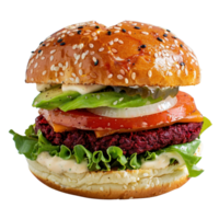 Freshly Assembled Burger with Colorful Vegetables and Creamy Sauce in a Sesame Seed Bun png