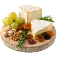 Delicious assortment of cheese, grapes, dried fruits, nuts, and herbs on a wooden serving board for gourmet display png