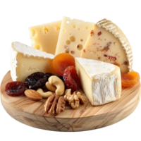 Assorted Artisan Cheeses on a Wooden Board with Dried Fruits and Nuts in a Gourmet Presentation png