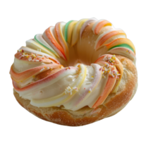 Colorful Creamy Frosted Donut with Swirled Topping and Sprinkles on a Light Background png
