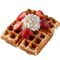 Delicious Golden Waffles with Fresh Strawberries and Whipped Cream on a Bright White Background, Perfect for Breakfast png