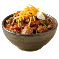 Hearty Chili Bowl with Beans, Meat, Cheese, and Fresh Toppings Served in a Rustic Stoneware Dish png