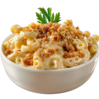 Creamy Macaroni and Cheese with Crispy Breadcrumb Topping and Fresh Parsley Garnish in a Bowl png