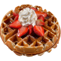 Delicious golden waffle topped with fresh strawberries and whipped cream drizzled with syrup for a perfect breakfast delight png