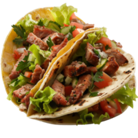 Delicious Open-Faced Tacos with Grilled Meat, Fresh Vegetables, and Aromatic Herbs on a Rustic Background png